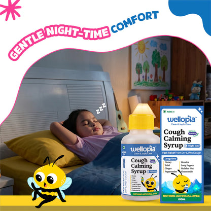 Syrup | Cough Calming Syrup Night Time  (Ages 2+)-Blueberry Flavour  -Made with honey, ginger, tulsi, amla - No Artificial Preservatives-No Refined Sugar - Natural Flavoured - Wellopia - 100ml