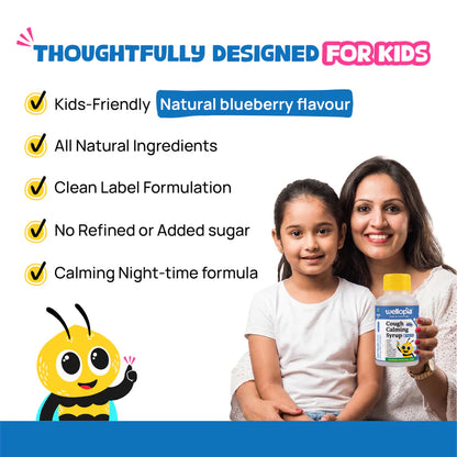 Syrup | Cough Calming Syrup Night Time  (Ages 2+)-Blueberry Flavour  -Made with honey, ginger, tulsi, amla - No Artificial Preservatives-No Refined Sugar - Natural Flavoured - Wellopia - 100ml