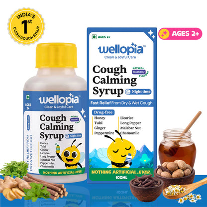 Syrup | Cough Calming Syrup Night Time  (Ages 2+)-Blueberry Flavour  -Made with honey, ginger, tulsi, amla - No Artificial Preservatives-No Refined Sugar - Natural Flavoured - Wellopia - 100ml