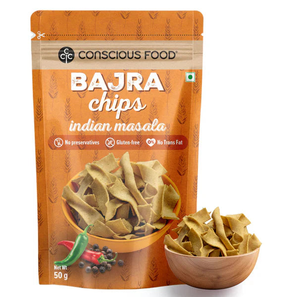 Chips | Bajra Chips (Indian Masala) - Gluten Free, No Trans Fat & No Added Preservatives - Conscious Food - 50gm