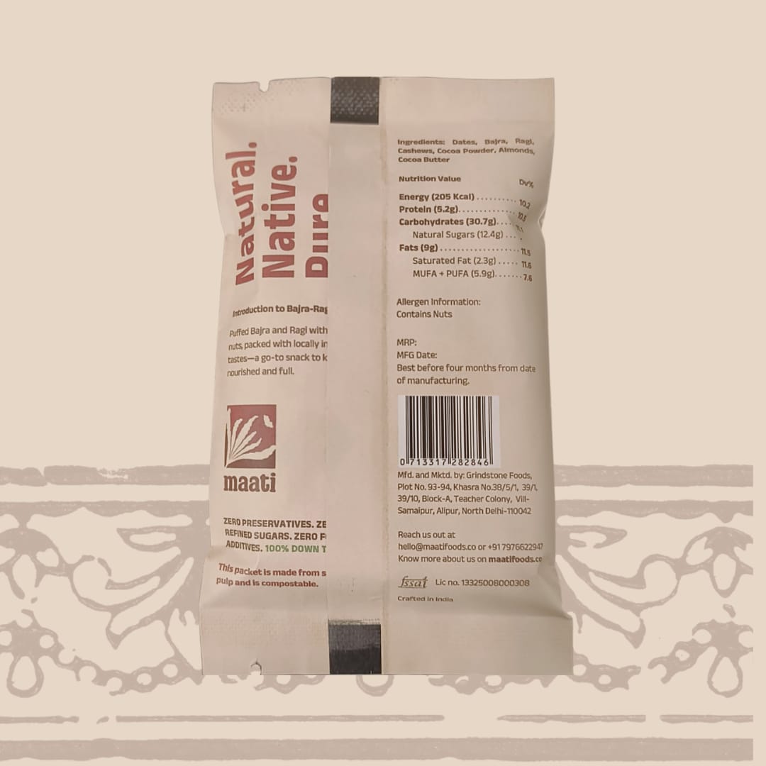 Bar | Bajra Ragi Cocoa Bar - No Added Preservatives &amp; No Refined Sugar - maati - 52gm
