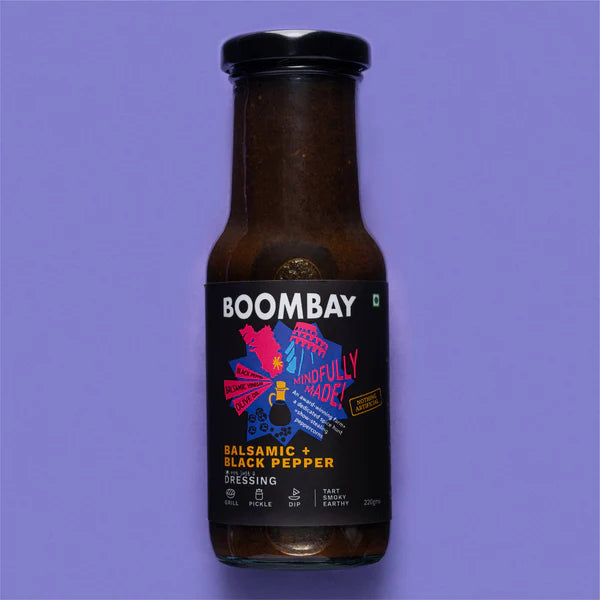 Balsamic + Black Pepper (Tart Smoky Earthy) - Dressing - Grill, Pickle, Dip - Natural - Indian - Gluten Free, No Refined Sugar & No Bad Oil - Boombay - 220gm