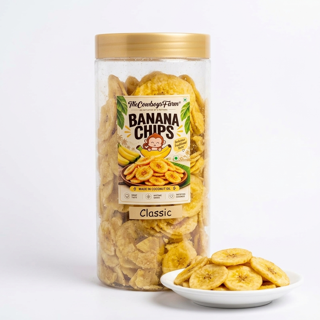 Banana Chips | (Classic)-Made In Coconut Oil - Gluten Free, No Onion, No Garlic, No Palm Oil &amp; No Added Preservatives - The Cow Boys Farm – 400gm