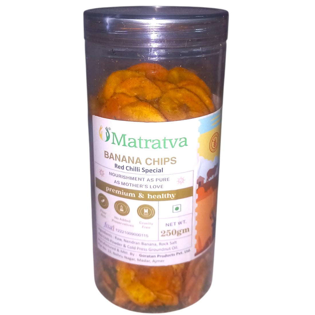 Chips | Banana Chips (Red Chilli Special) Made With Organic Ingredients - Healthy - Not Fried - Gluten Free, Cruelty Free, High In Fibre &amp; No Added Preservatives - Matratva - 250gm