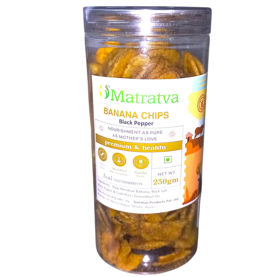Chips | Banana Chips (Black Pepper) - Made With Organic Ingredients - Healthy - Not Fried - Gluten Free, Cruelty Free, High In Fibre &amp; No Added Preservatives - Matratva - 250gm