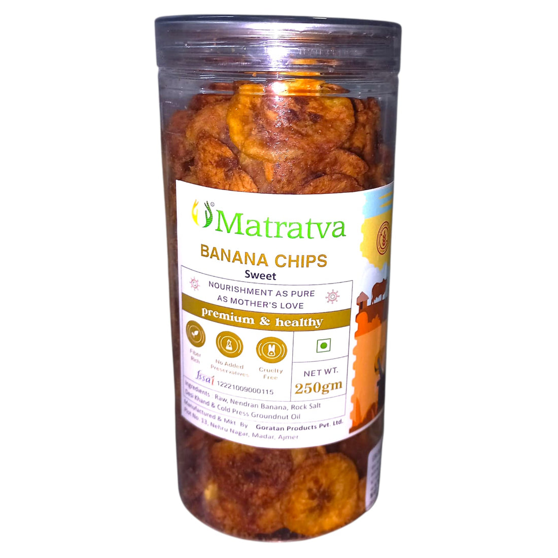 Chips | Banana Chips (Sweet) - Made With Organic Ingredients - Healthy - Not Fried - Gluten Free, Cruelty Free, High In Fibre &amp; No Added Preservatives - Matratva - 250gm