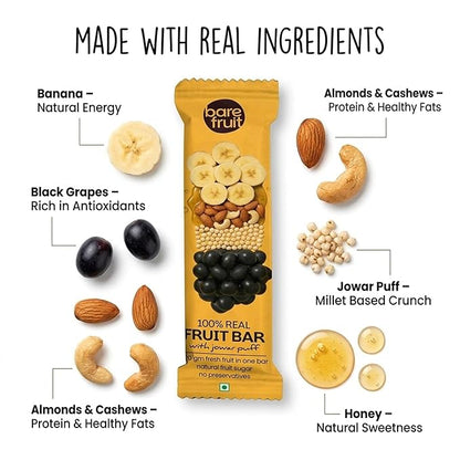 Fruit Bar With Jowar Puff - 1 00% Real Fruits -  Natural Fruit Sugar, &amp;amp; No Added Preservatives - Bare Fruit - 25gm