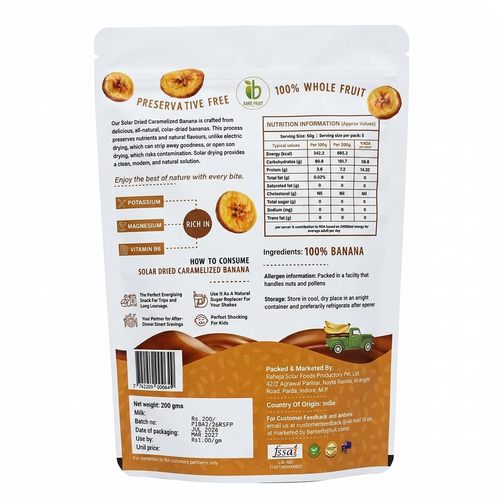 Fruit Bites | Solar Dried Caramelized Banana - 1 00% Whole Fruits -  No Added Sugar, &amp;amp; No Added Preservatives - Bare Fruit -200gm
