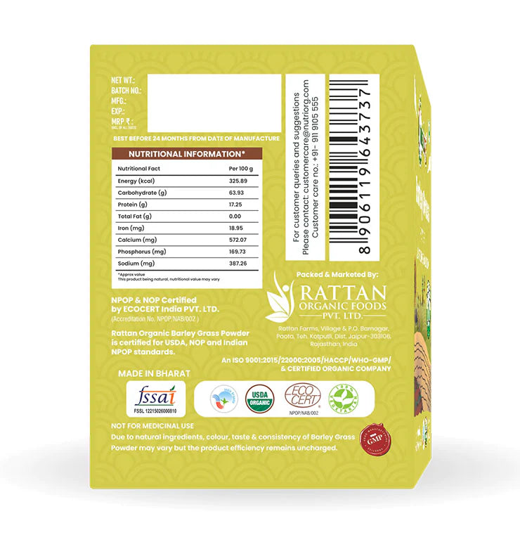 Barley Powder | USDA Organic - Rich In Vitamins, Iron &amp;amp; Phosphorus - Nutriorg - 75gm
