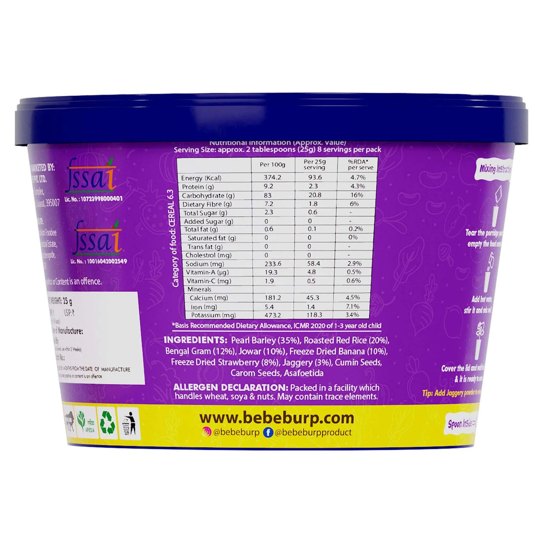 Porridge | Grab &amp; Go (Barley With Banana &amp; Strawberry) - Natural Food -  No Sugar , No Salt - No Artificial Preservatives &amp; Flavours - Bebe Burp- 30gm