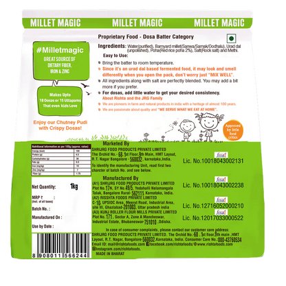 Batter | Barnyard Millet Dosa Batter - Stone Ground - No Added Preservatives - Rishta Foods - 1000gm
