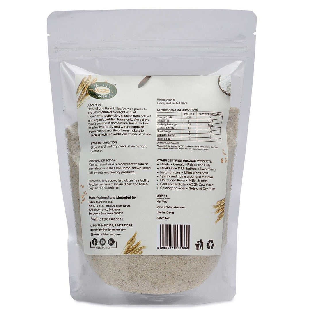 Rava | Barnyard Millet Rava – Stone Ground - Vegan, Gluten Free, High Protein &amp; High Fiber – Millet Amma – 500gm