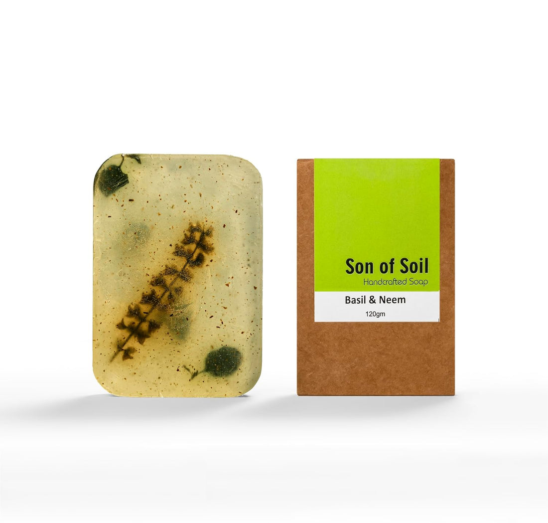 Soap | Basil Neem (Blend Of Pure Basil &amp;amp; Neem Leaves &amp;amp; Coconut Oil) - Handcrafted - Natural - Artificial Color Free &amp;amp; Paraben Free - Son Of Soil - 120gm