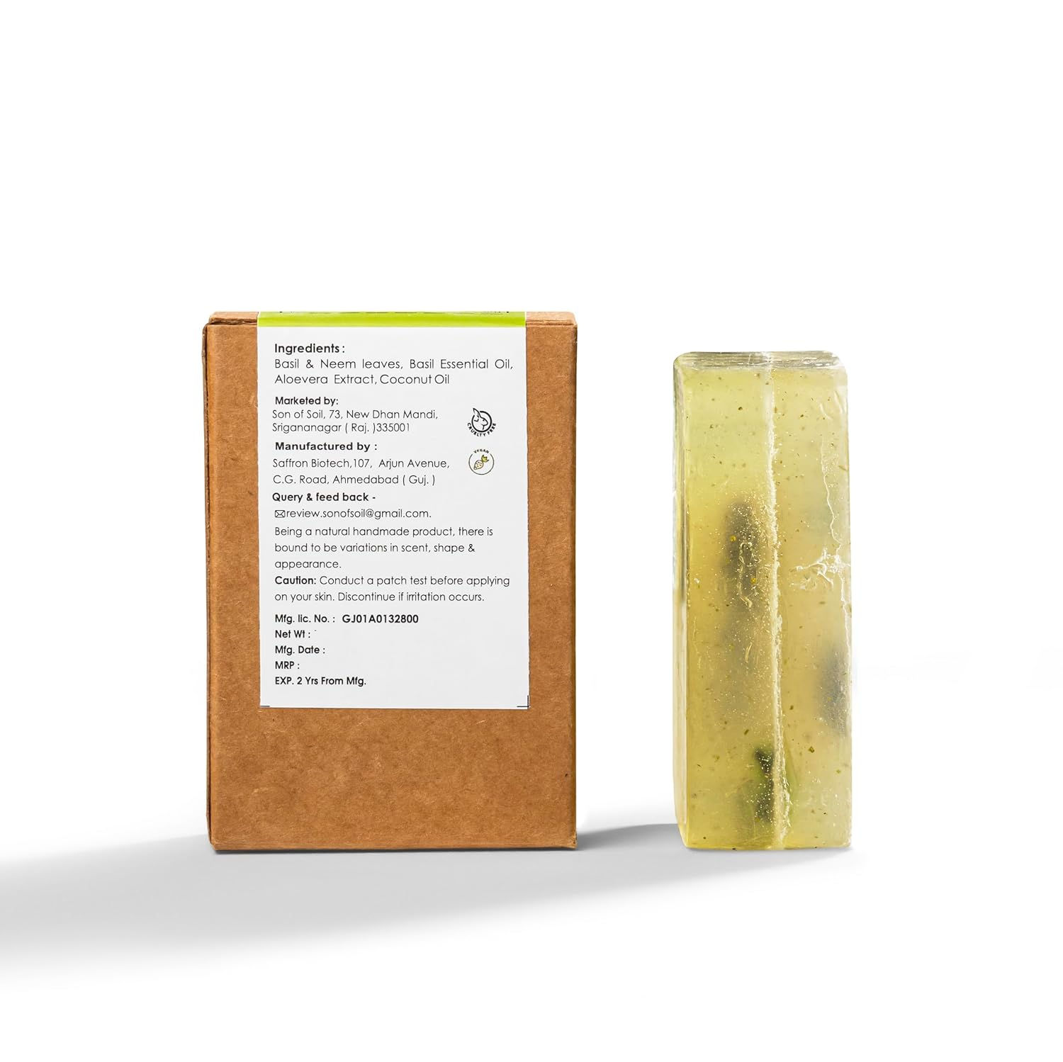Soap | Basil Neem (Blend Of Pure Basil &amp;amp; Neem Leaves &amp;amp; Coconut Oil) - Handcrafted - Natural - Artificial Color Free &amp;amp; Paraben Free - Son Of Soil - 120gm