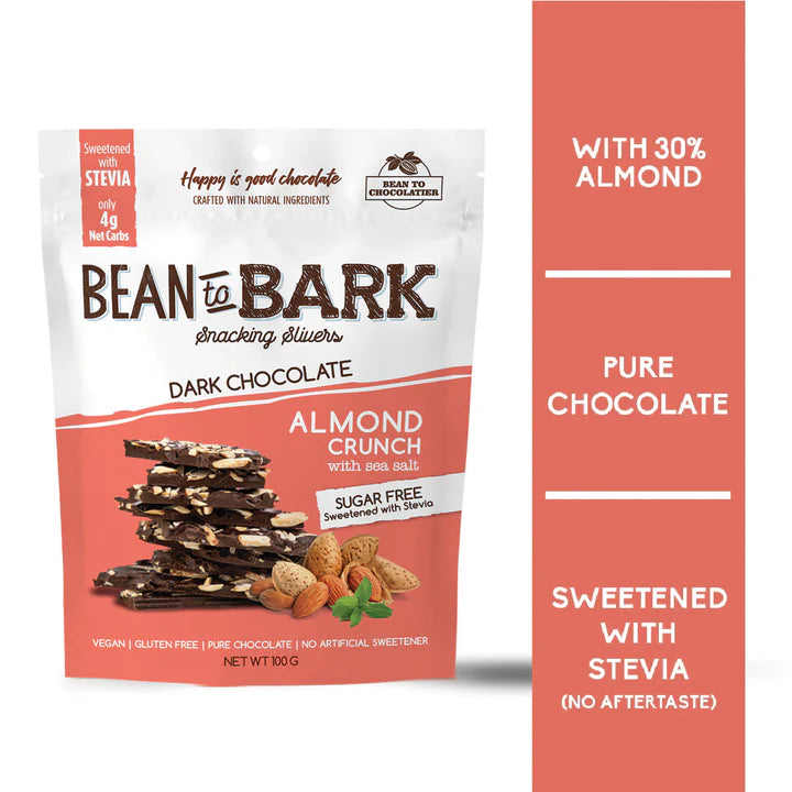 Dark Chocolate Almond Crunch | Bean To Bark Dark Chocolate Almond Crunch - Vegan, Gluten Free, No Refined Sugar & High Protein - Pink Harvest - 100gm