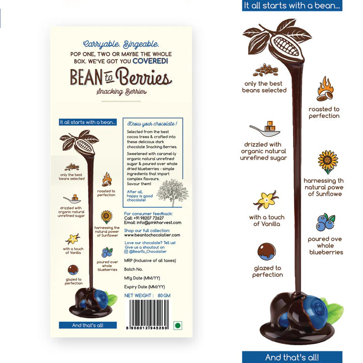 Chocolate Coated | Bean To Berries - Chocolate Coated Blueberries - Vegan, No Oil &amp; No Refined Sugar - Pink Harvest - 80gm