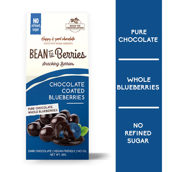 Chocolate Coated | Bean To Berries - Chocolate Coated Blueberries - Vegan, No Oil &amp; No Refined Sugar - Pink Harvest - 80gm