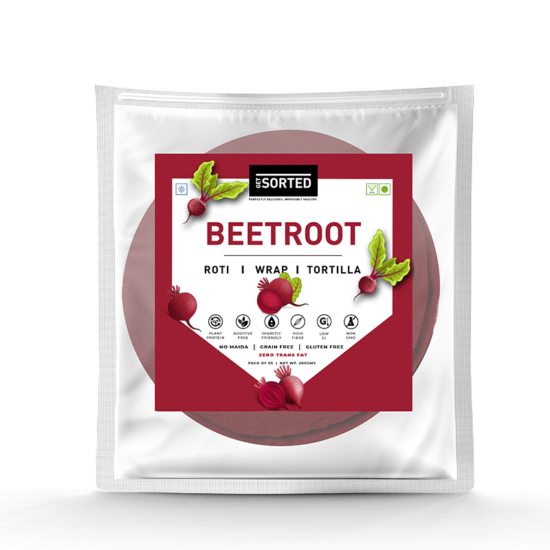 Beetroot Roti | Wrap - Tortilla - Vegan, Gluten Free, Grain Free, No Maida, No Gmo, Diabetic Friendly & Zero Trans Fat - Get Sorted - (Pack Of 5) - 300gm