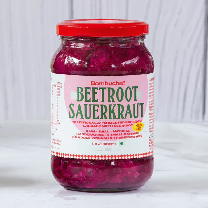 Beetroot Sauerkraut | Traditionally Fermented Probiotic Cabbage With Beetroot - Raw - Real - Natural - No Added Vinegar & No Added Preservatives - Bombucha - 450gm