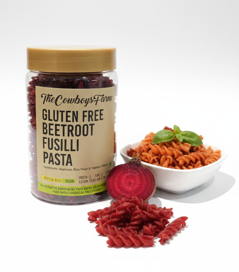 Pasta | Beetroot Fusilli Pasta - Vegan, Gluten Free Pasta - High Protein, Fibre- No Msg, Low Glycemic Index &amp; Preservatives Free – The Cow Boys Farm – 200gm
