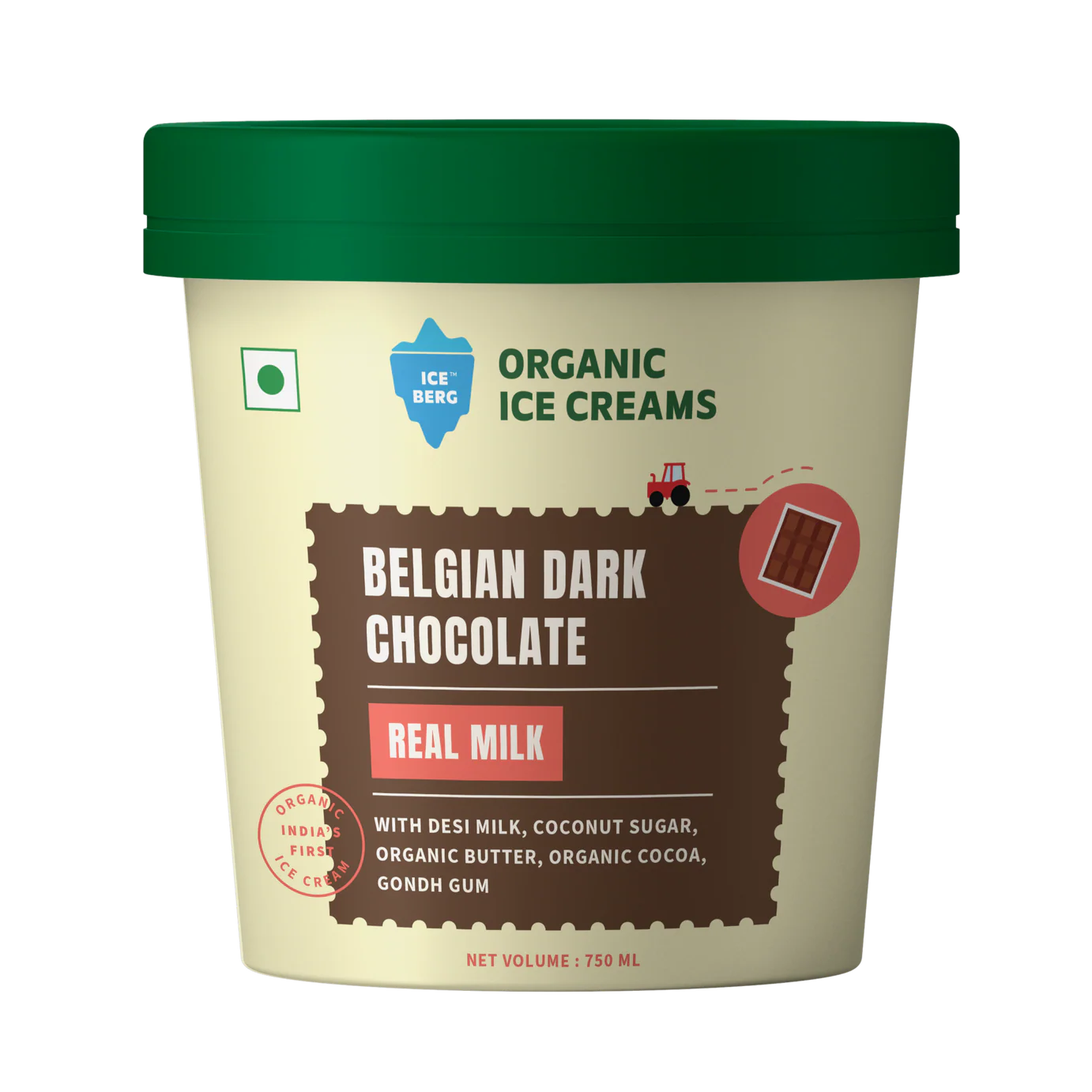 Ice Cream | Belgian Dark Chocolate Ice Cream (Made From Real Milk, Gondh Gum, Organic Butter, Belgian Dark Chocolate ) - Churned with authentic &amp; Real Ingredients - Iceberg Organic Ice Cream - 750ml