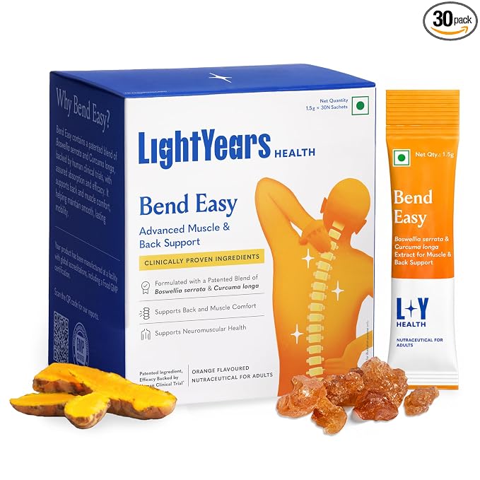 Health Supplements | Bend Easy - Advanced Muscle &amp; Back Support - Orange Flavoured - Clinically Proven Ingredients-Zero Gram Sugar, No Artificial Sweeteners -Light Years Health - 1.5g*30 Sachets