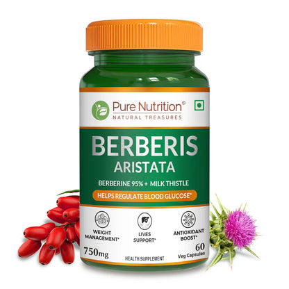 Berberis Aristata | Berberine 95% + Milk Thistle – Helps Regulate Blood Glucose – Weight Management – No Added Synthetic Additives – Pure Nutrition – 60 Veg Capsules