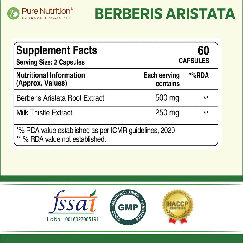 Berberis Aristata | Berberine 95% + Milk Thistle – Helps Regulate Blood Glucose – Weight Management – No Added Synthetic Additives – Pure Nutrition – 60 Veg Capsules