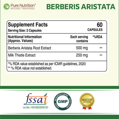 Berberis Aristata | Berberine 95% + Milk Thistle – Helps Regulate Blood Glucose – Weight Management – No Added Synthetic Additives – Pure Nutrition – 60 Veg Capsules