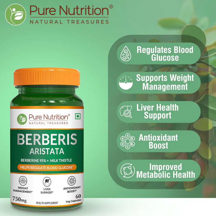 Berberis Aristata | Berberine 95% + Milk Thistle – Helps Regulate Blood Glucose – Weight Management – No Added Synthetic Additives – Pure Nutrition – 60 Veg Capsules
