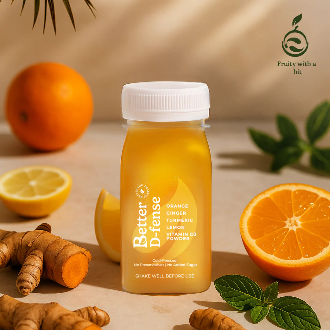 Better D-fense | Sunshine In A Bottle - Orange - Ginger - Turmeric - Lemon - Vitamin D3 Powder - Cold Pressed - Vegan, Gluten Free, Non GMO, No Added Sugar & Preservatives Free - Better Shot - 100ml
