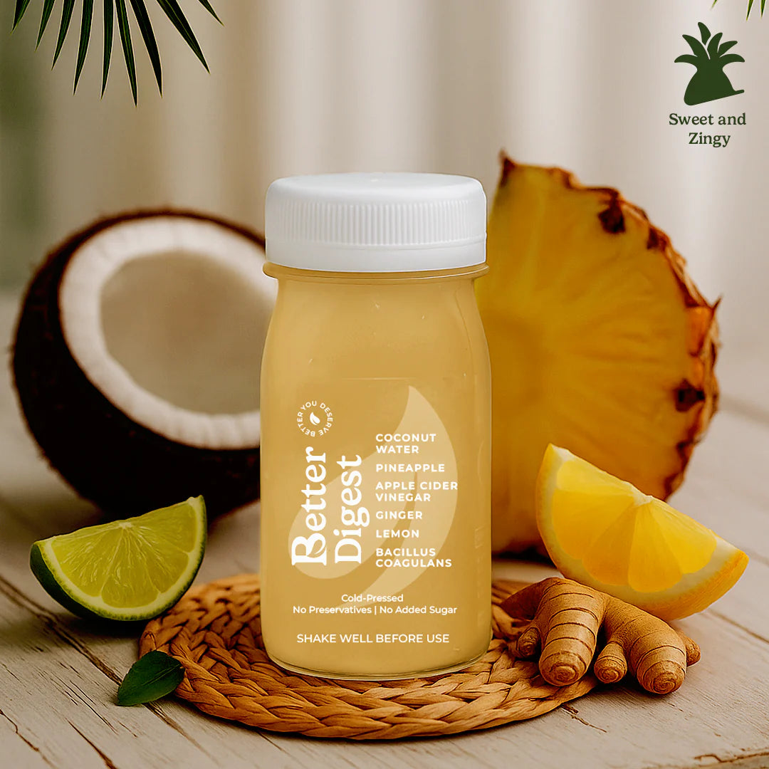 Better Digest | Your Daily Fix For A Happy Gut - Coconut Water - Pineapple - Apple Cider Vinegar - Ginger - Lemon - Bacillus Coagulans - Cold Pressed - Vegan, Gluten Free, Non GMO, No Added Sugar & Preservatives Free - Better Shot - 100ml