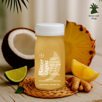 Better Digest | Your Daily Fix For A Happy Gut - Coconut Water - Pineapple - Apple Cider Vinegar - Ginger - Lemon - Bacillus Coagulans - Cold Pressed - Vegan, Gluten Free, Non GMO, No Added Sugar &amp; Preservatives Free - Better Shot - 100ml