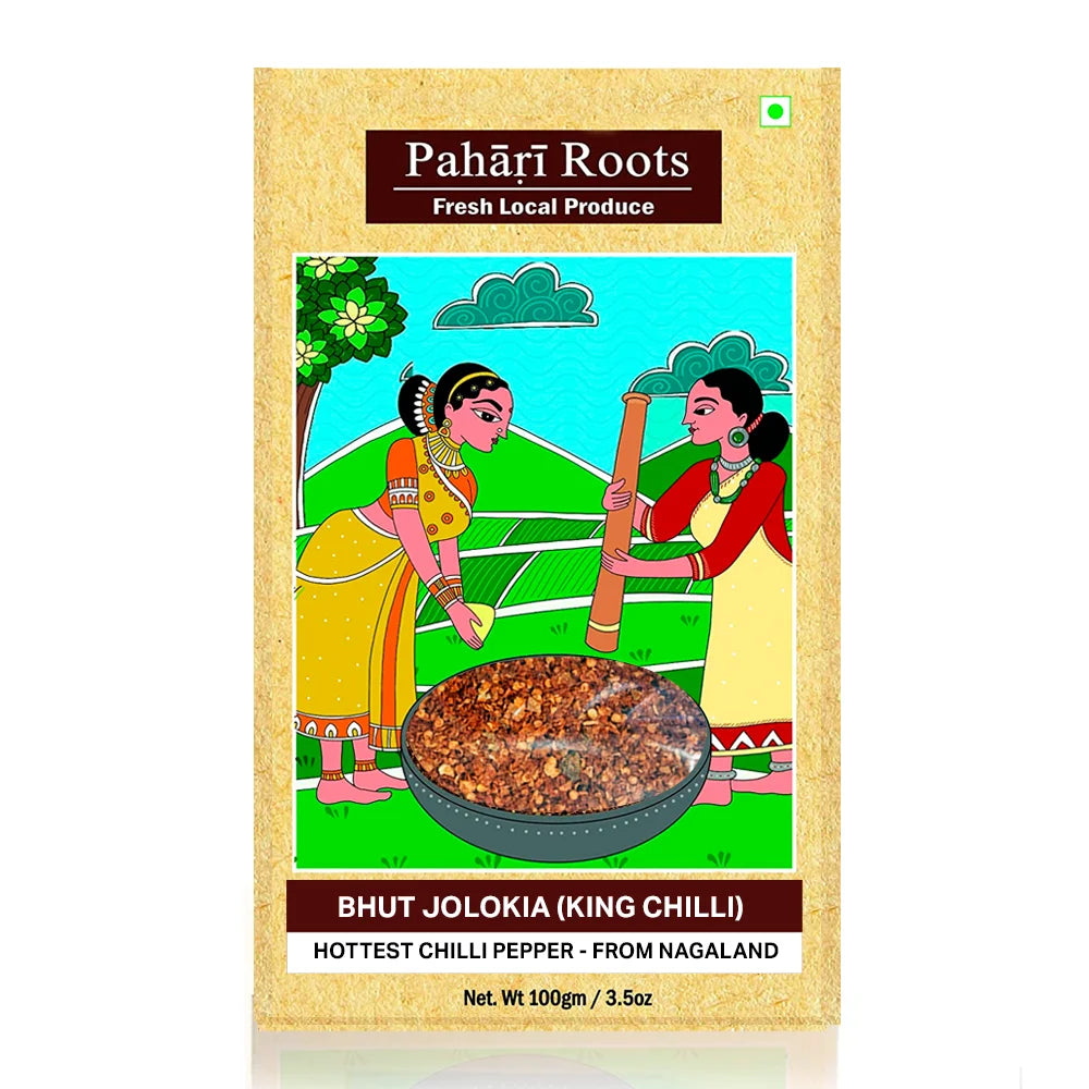 Bhut Jolokia Powder | King Chilli - Hottest Chilli Peppers - Oven Dried &amp; Hand Pounded - Pahari Roots - 50gm