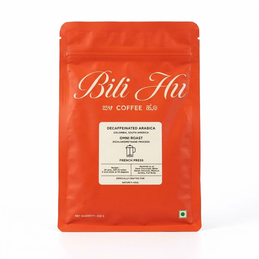 Coffee | Decaffeinated Arabica (French Press) - Omni Roast -Dichloromethane Process-Hand Picked, Craft Roasted - Bili Hu - 250gm
