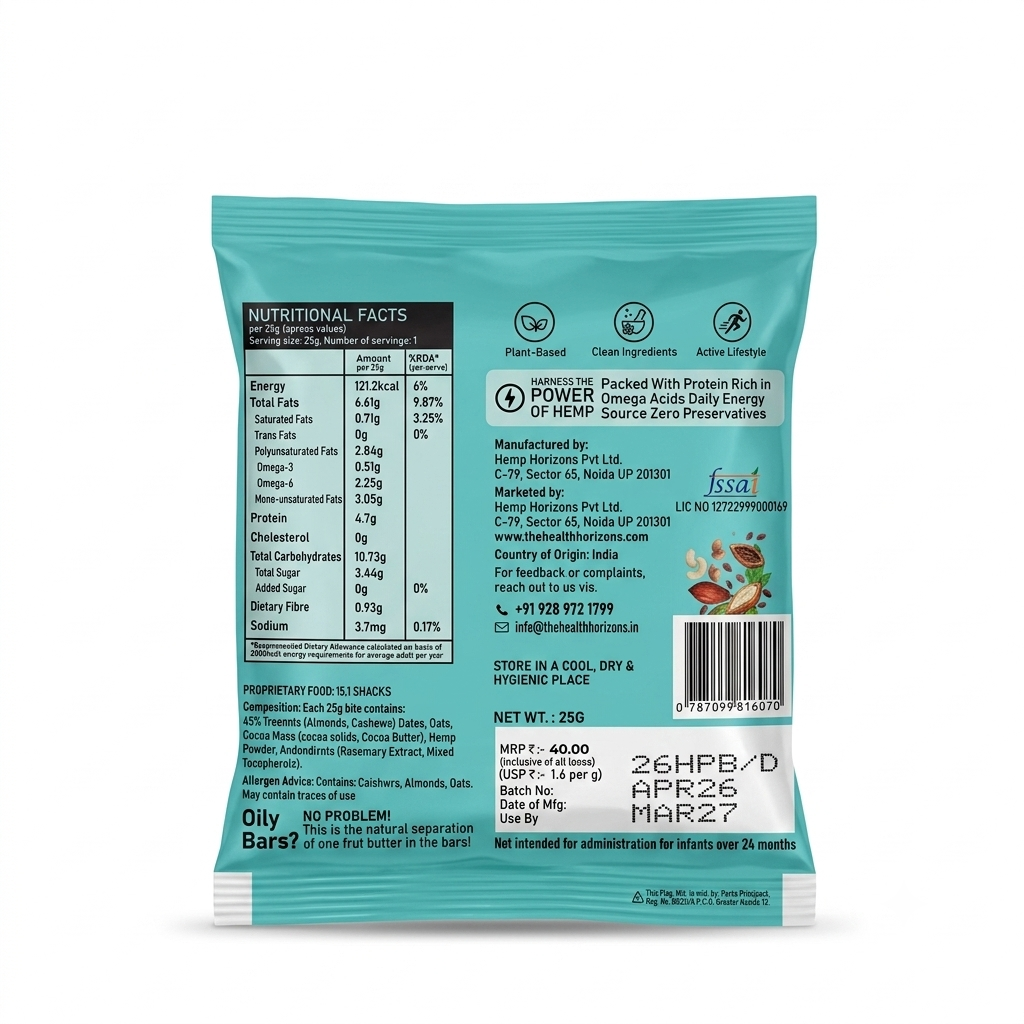 Plant Protein Square Bite | Zero Drama (Hemp, Treenuts, Cocoa) -Plant Protein Square Bite- Vegan, No Added Sugar, Soy Free &amp; No Additives - Health Horizon - 25gm