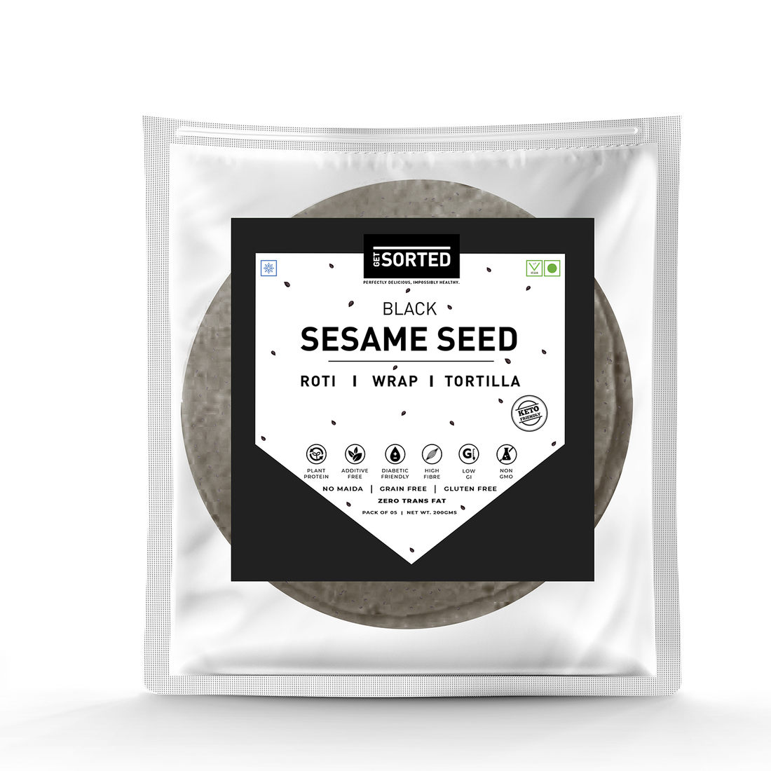 Tortilla | Black Sesame Seed Roti – Wrap – 2.3 Gms Net Carbs - Vegan, Gluten Free, No Maida, Keto Friendly, Diabetic Friendly & No Additives – Get Sorted – Pack Of 5