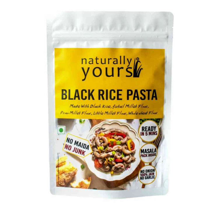 Pasta | Black Rice Pasta (Made With Black Rice, Foxtail Millet Flour, Proso Millet Flour, Little Millet Flour, Whole Wheat Flour) - 100% Jain - No Onion, Garlic, No Maida & No Artificial Colors Or Preservatives Free - Naturally Yours - 175gm
