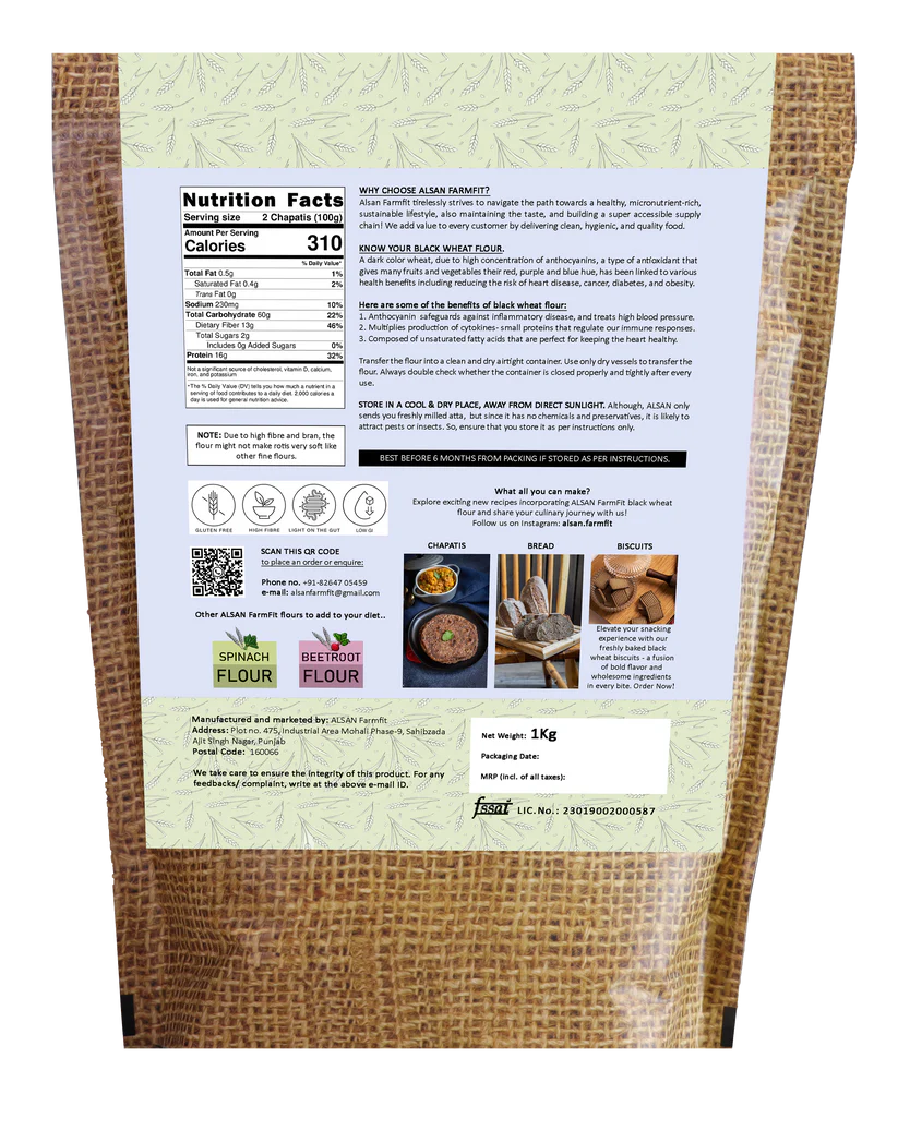 Flour | Black Wheat Flour - Sundried - Stone Ground - Gluten Free &amp; No Added Preservatives - Alsan - 1000gm
