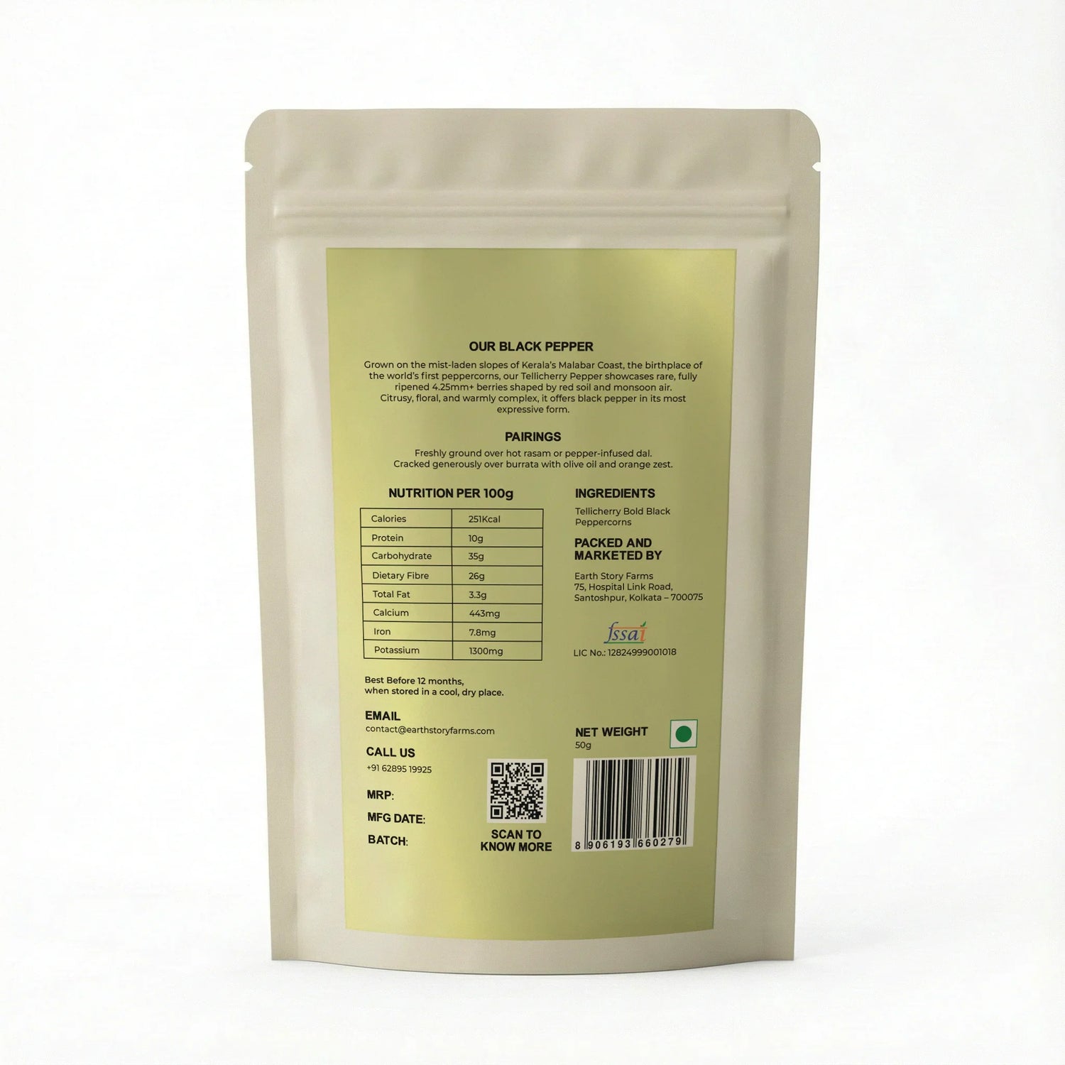 Whole Spices | Black Pepper(Tellicherry Bold) - Thalassery (Kerala) - Preservative-Free - Earth Story Farms- 50gm