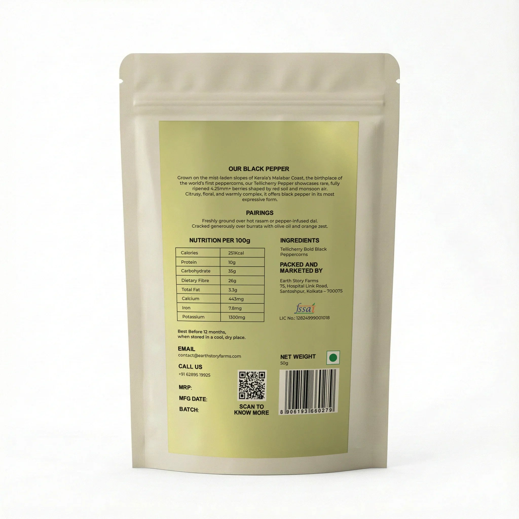 Whole Spices | Black Pepper(Tellicherry Bold) - Thalassery (Kerala) - Preservative-Free - Earth Story Farms- 50gm