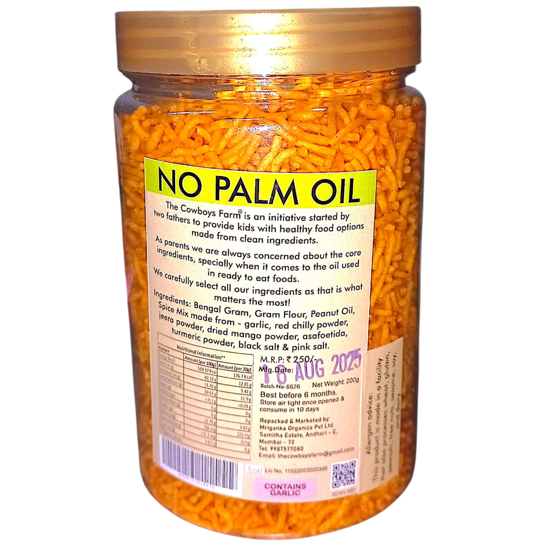 Sev | Blazing Hot Garlic Sev - Gluten Free, No Wheat, Maida, Refined Sugar, Trans Fat, Palm Oil, No Artificial Color, Flavor &amp; Preservatives - The Cow boys Farm - 200gm