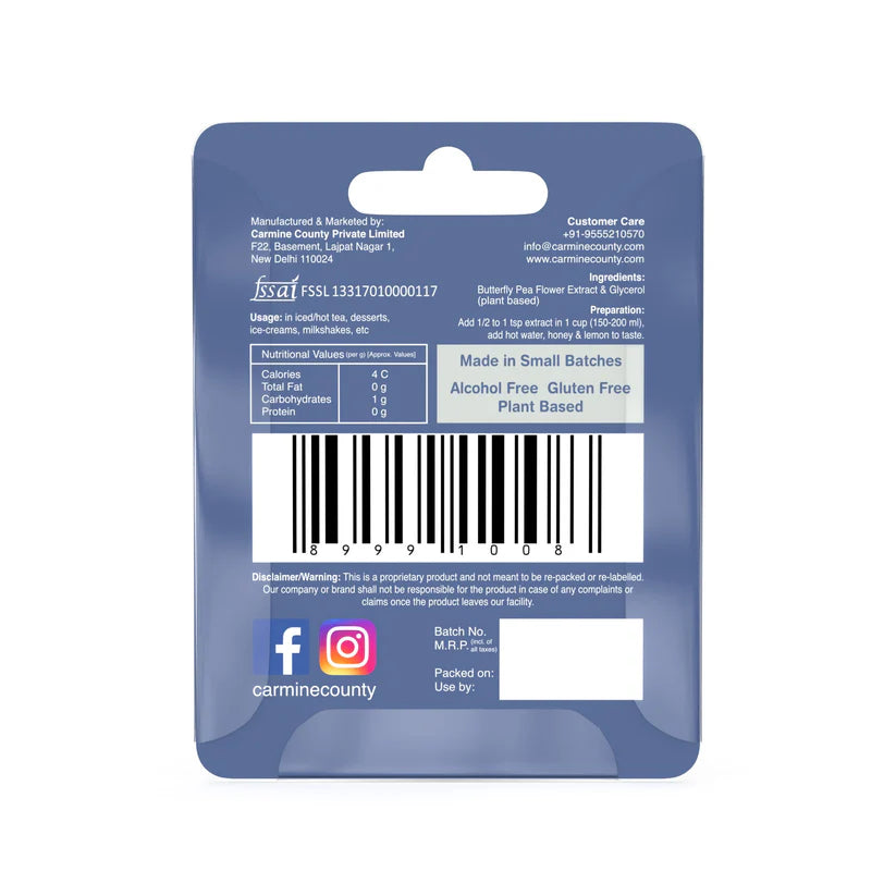 Blue Pea Flower Extract | All Natural – Vegan, Gluten Free, Alcohol Free, No added Sugar & No Artificial Ingredients – Carmine County – 10ml