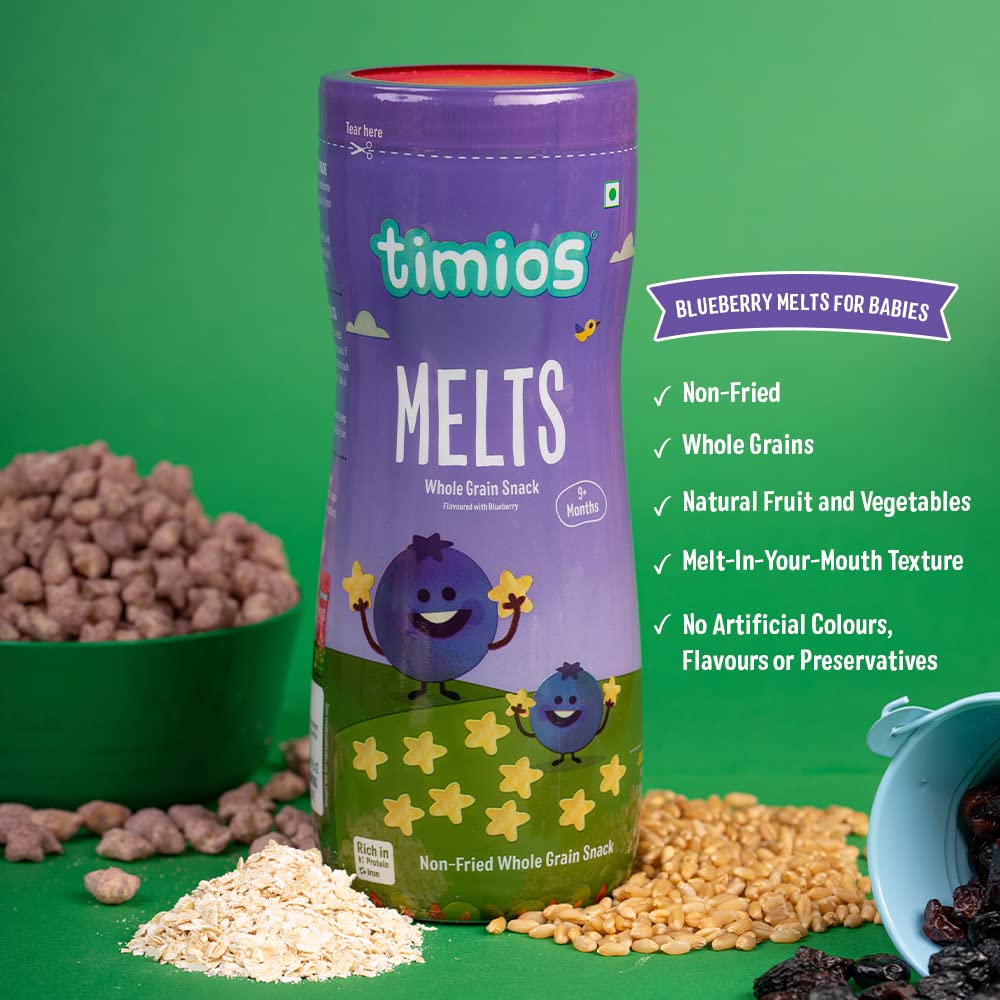 Blueberry Melts | For Babies – Non Fried Whole Grain Snack - High In Protein, Iron, No Added Preservatives & No Added Colors - Timios – 50gm