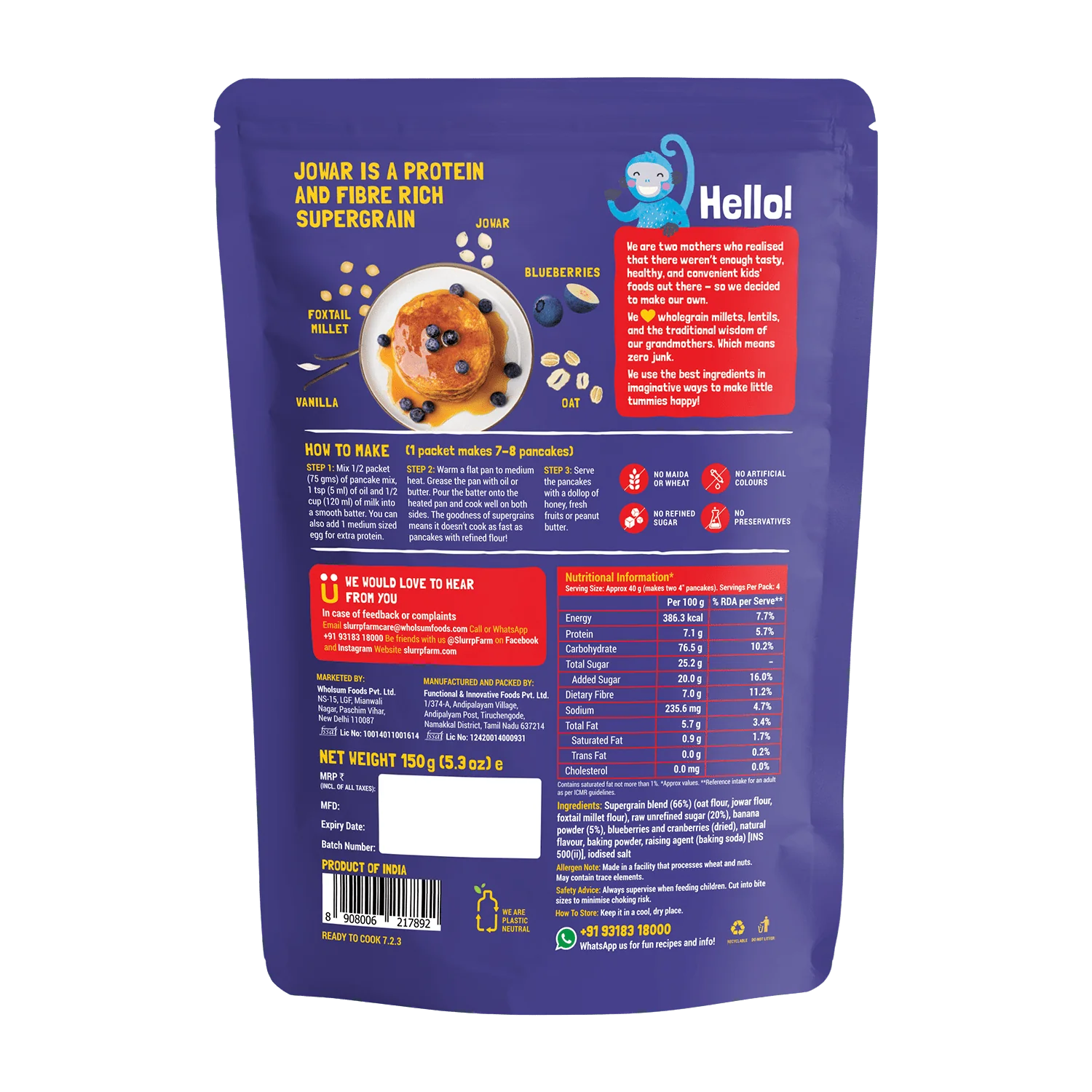 Pancake &amp; Waffle Mix Blueberry - No Refined Sugar &amp;amp; No Maida - Slurrp Farm - 150gm