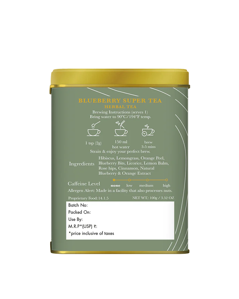Tea | Blueberry Super Tea - Sweet, Tangy - Organic Herbal Tea - Caffeine Free - Luxmi Estates - 100gm