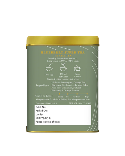 Tea | Blueberry Super Tea - Sweet, Tangy - Organic Herbal Tea - Caffeine Free - Luxmi Estates - 100gm