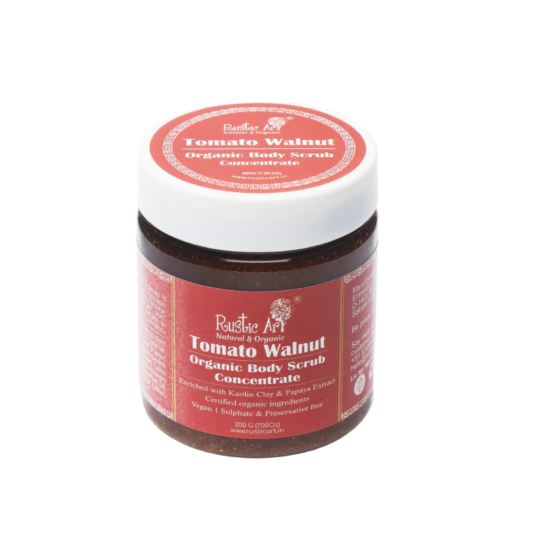Body Scrub | Tomato Walnut (Enriched With Kaolin Clay &amp;amp; Papaya Extract) – Concentrate – Organic – Vegan, Sulphate &amp; Preservatives Free – Rustic Art – 200gm