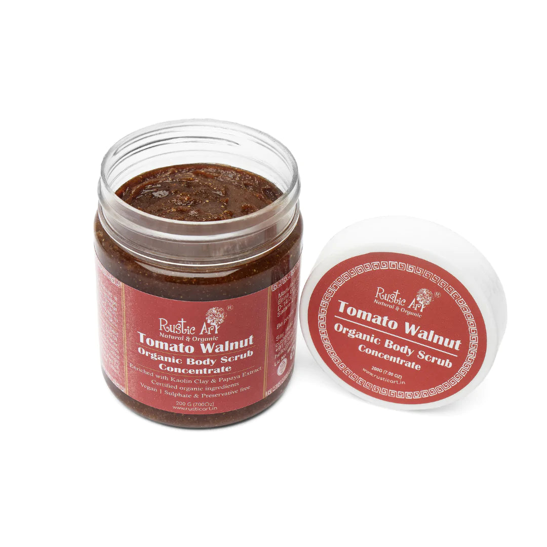 Body Scrub | Tomato Walnut (Enriched With Kaolin Clay &amp;amp; Papaya Extract) – Concentrate – Organic – Vegan, Sulphate &amp; Preservatives Free – Rustic Art – 200gm