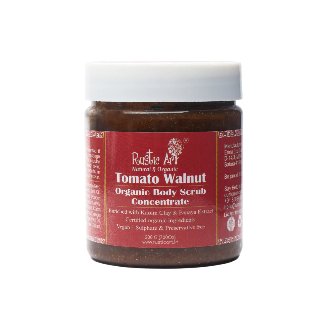 Body Scrub | Tomato Walnut (Enriched With Kaolin Clay &amp;amp; Papaya Extract) – Concentrate – Organic – Vegan, Sulphate &amp; Preservatives Free – Rustic Art – 200gm